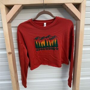 Rustic orange Cropped Sweatshirt with Mountain and Tree Design
